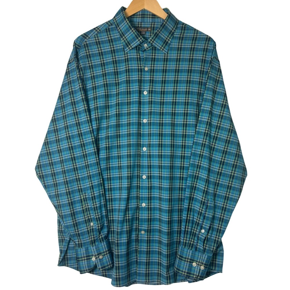 Peter Millar‎ Summer Comfort Mens XXL Blue Green Plaid Button Shirt Golf